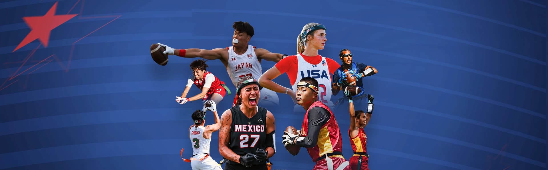 Collage of international male and female flag football players representing USA, Mexico, China, and Japan in dynamic game action.