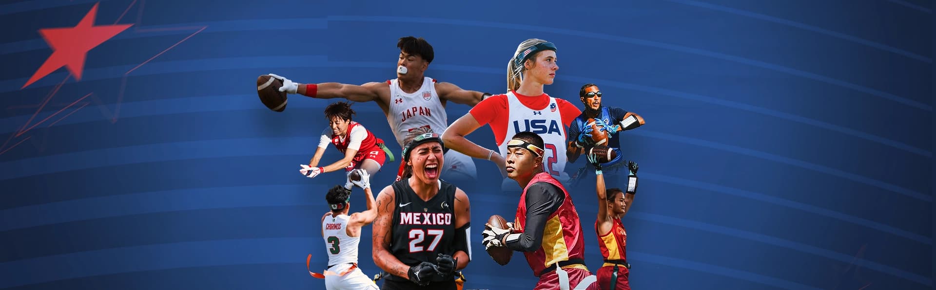 Collage of international male and female flag football players representing USA, Mexico, China, and Japan in dynamic game action.