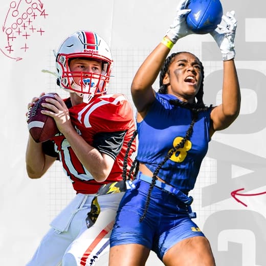 Woman running with a ball wearing a mouth guard.