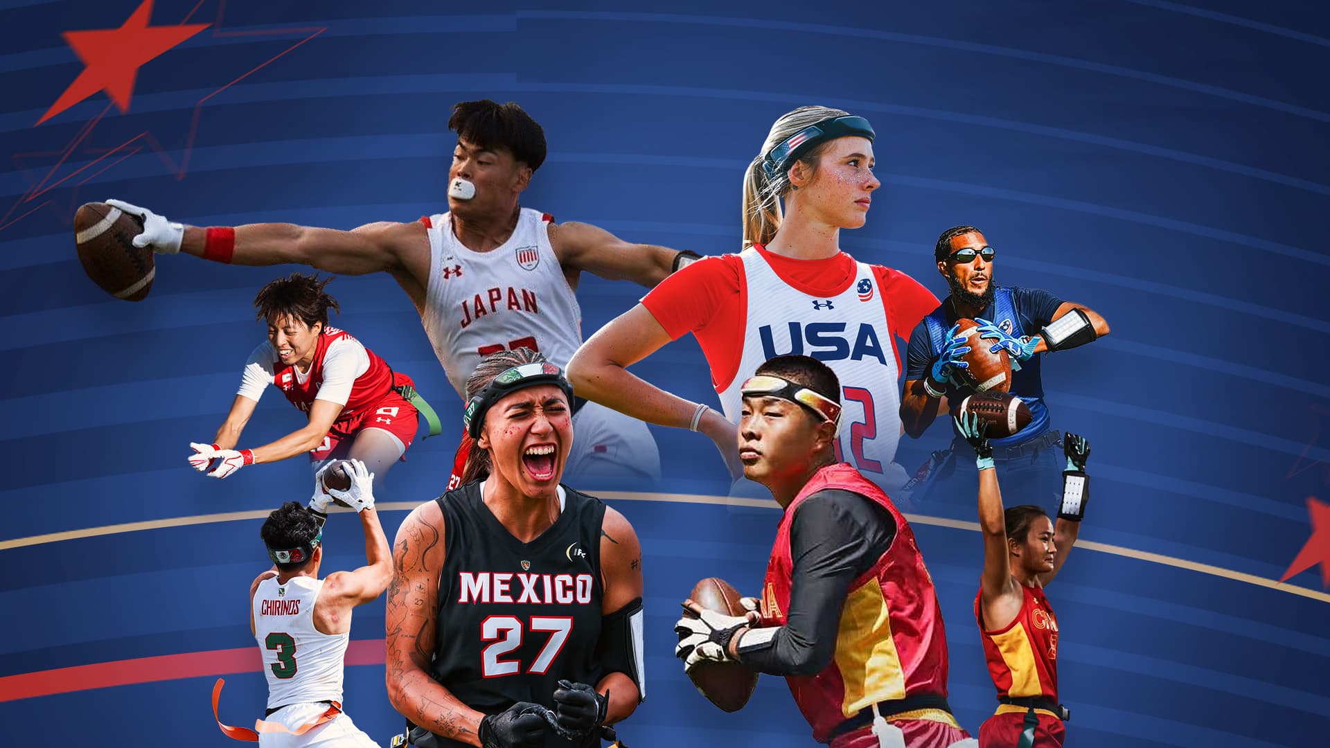 Collage of international male and female flag football players representing USA, Mexico, China, and Japan in dynamic game action.